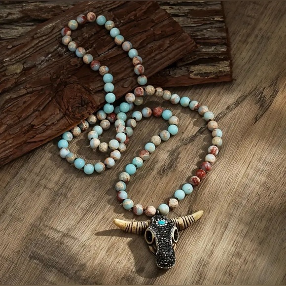 8mm Natural Imperial Jasper Stone Beads, Pendant Features Bling Oxen Head 🐂 - Picture 2 of 8